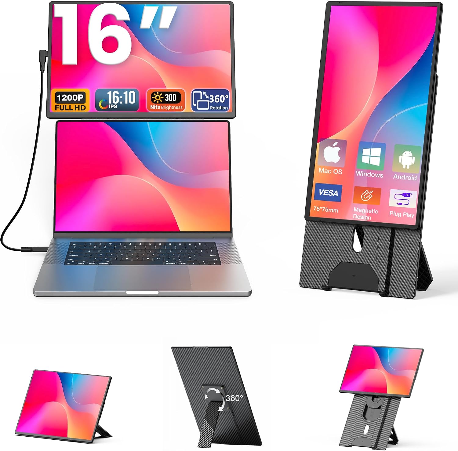 Kwumsy N2 Portable Monitor connected to a laptop and shown with its stand