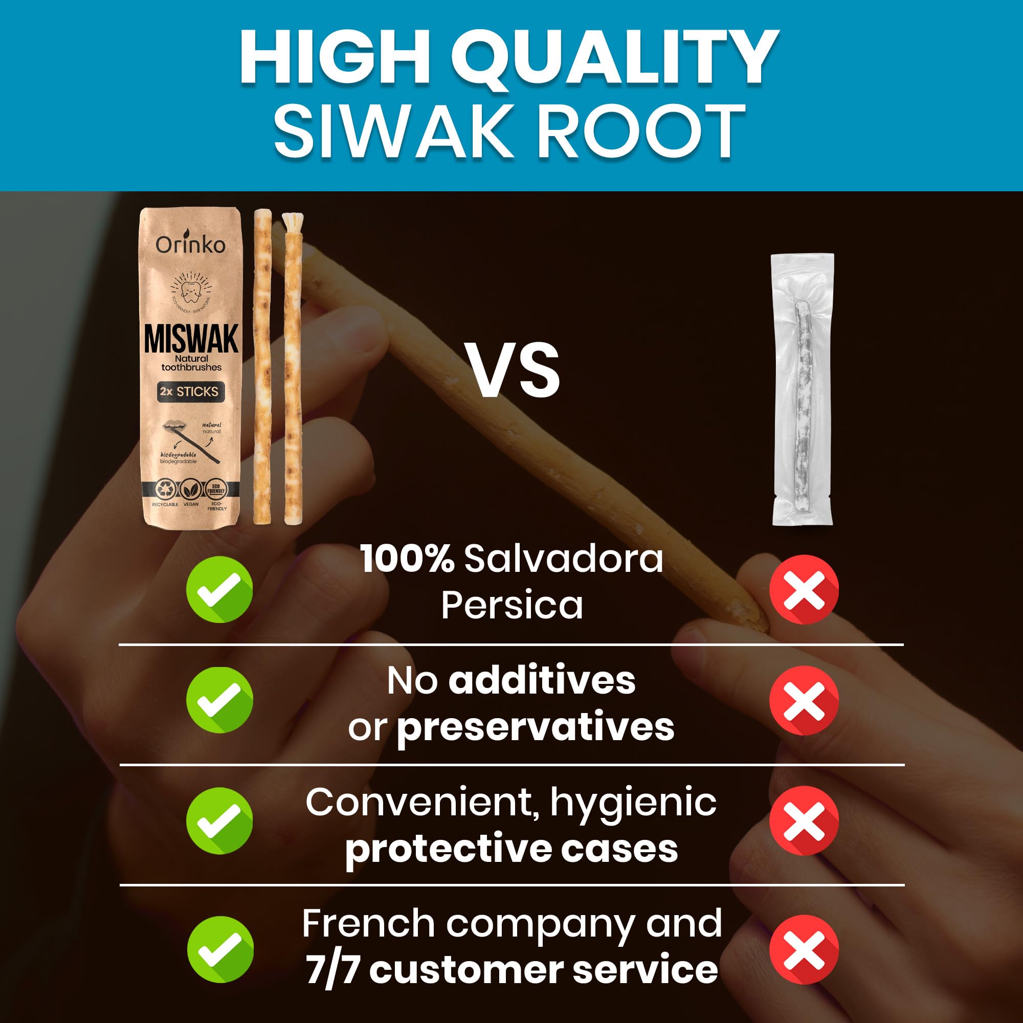 Siwak x2 Stick de Miswak 100% naturalne drewno Araq (Salvadora Persica) Ekologiczny środek czyszczący, dezynfekujący i wybielający, biodegradowalny i wegański