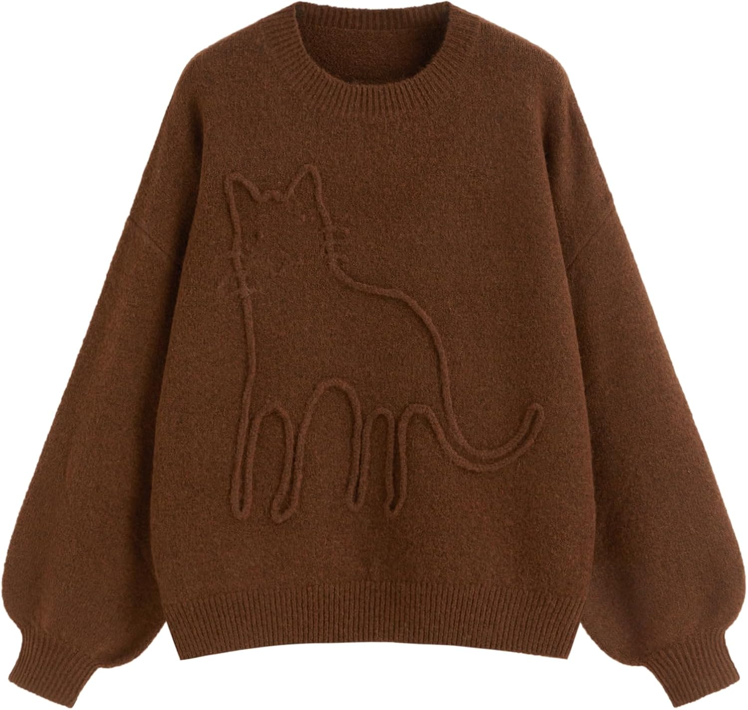 CIDER Womens Sweater Long Sleeve Cat Pattern Crew Neck Tops
