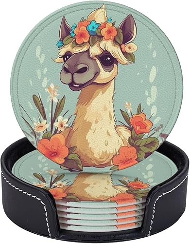 Miniatura 5 de Juego de 6 posavasos redondos de cuero con estampado de flores de camello de dibujos animados, resistentes al calor, con estuche de almacenamiento