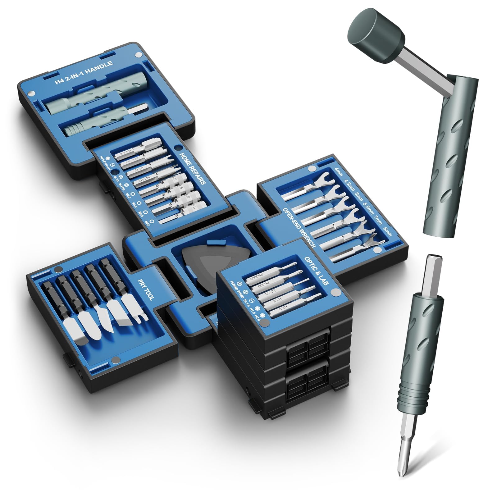 55-in-1 Folding Multi Tool Kit, Compact Portable Tool Set with CR-V Steel Screwdriver Bits, Wrenches and Pry Tools, Foldable Storage Design for DIY, Electronics Repair (Black and Blue)