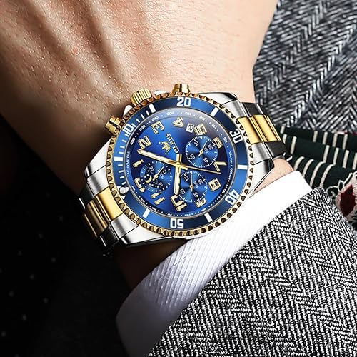 Miniatura 3 de OLEVS Relojes para hombre de lujo con cronógrafo, elegantes, con fases lunares, de dos tonos, de acero inoxidable, impermeables, luminosos, con