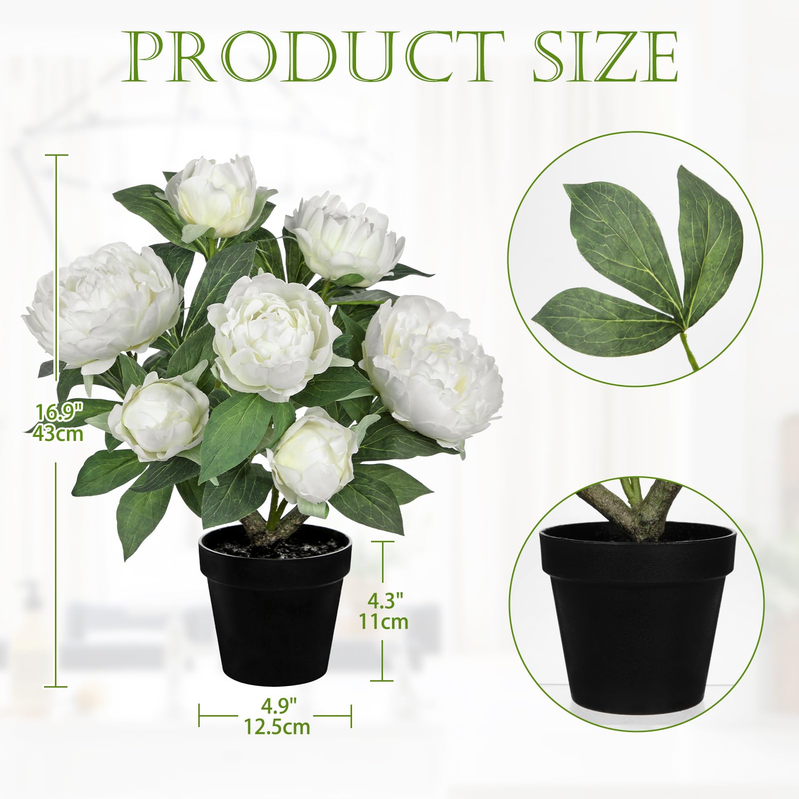 Oairse Artificial Peony Flowers in Pot Realistic Silk Fake Plant for Home Decor Faux White Peonies Flower with Pot Floral Decoration for Wedding Living Room Bedroom Office Table Centrepiece - Image 3