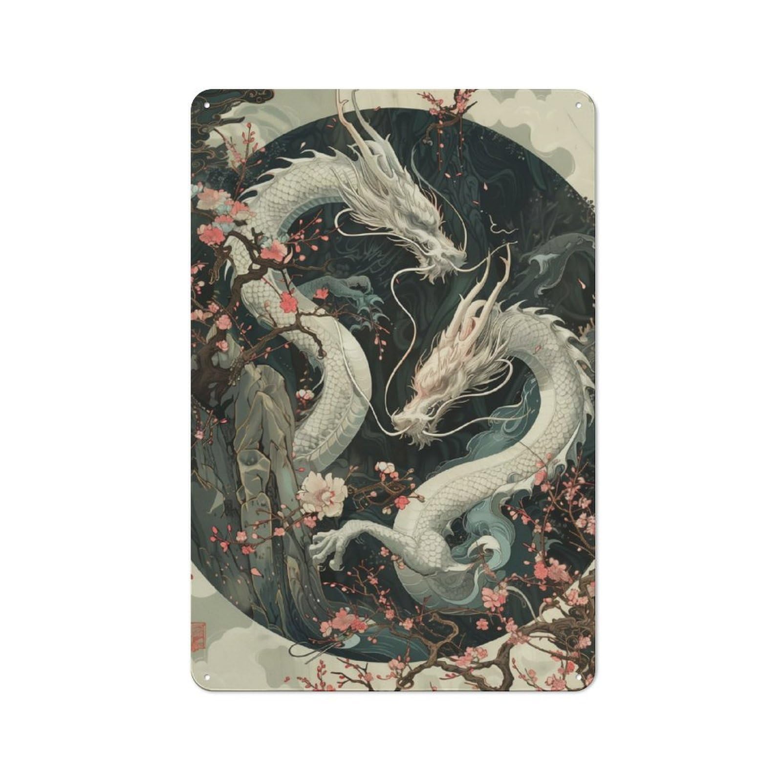Junmoney Japanese Dragons Sakura Retro Metal Sign 30X20cm For Bar Or Restaurant, For Kitchen And Home Bar Decor, For Home Office And Studio Walls