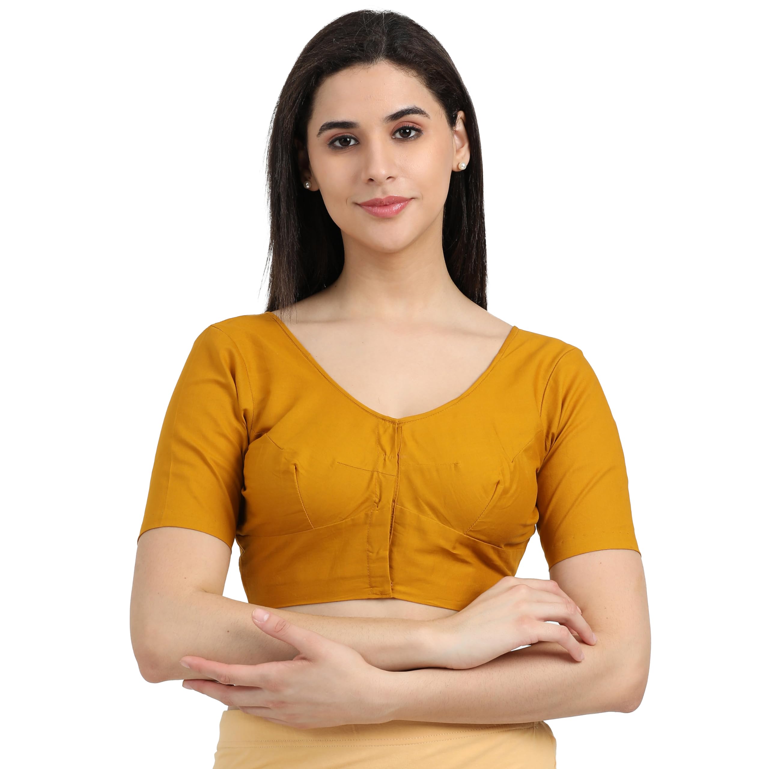 Women 100% Cotton Saree Blouse (Bra Size Fitting) Front Open With Hook Half Sleeve Solid Colour 44 Mustard Size (40)-image-44