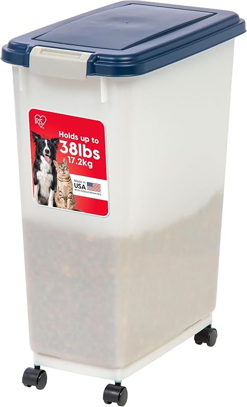 Container Hermético para Armazenar Ração de Cães e Gatos IRIS USA com Rodas, 47 qt, até 17,2 kg, Navy/Pearl
