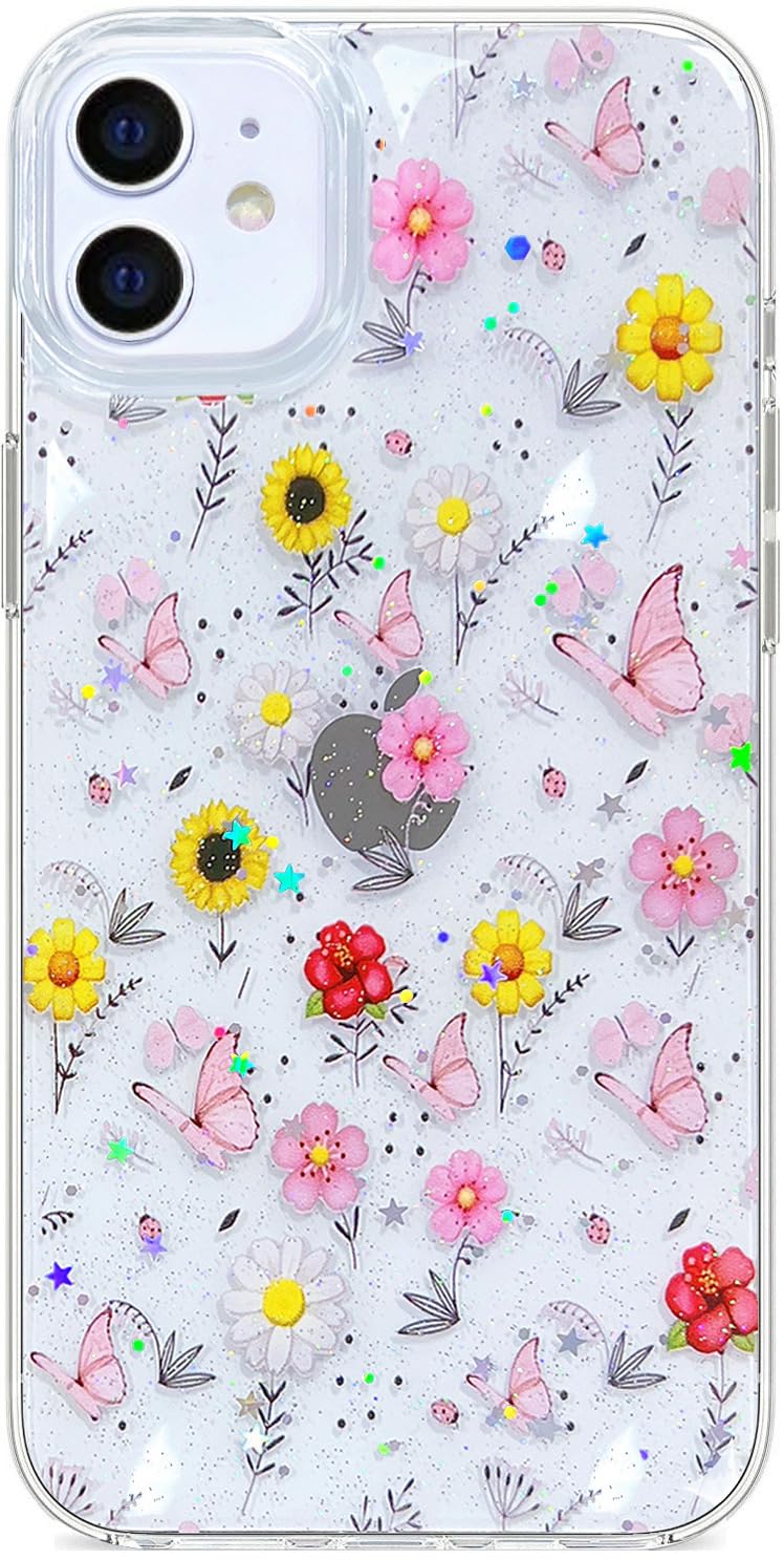 Abbery Designed for iPhone 11 Case Clear Butterfly Dried Pressed Flower Glitter Cute Design Bling Sparkly Aesthetic Protective Shockproof Phone Cover