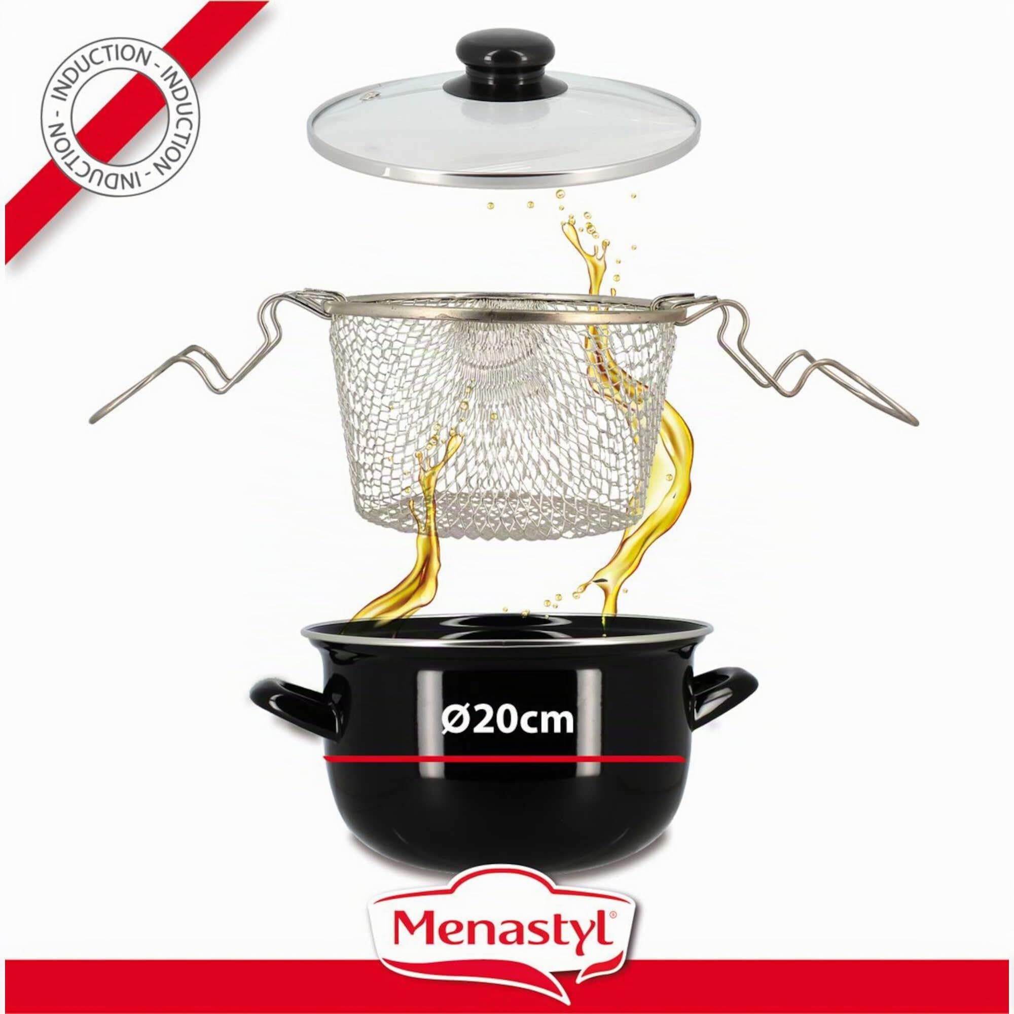 MENASTYL 3645579 - Freidora de 20 cm de acero esmaltado negro y borde cromado, incluye tapa y cesta, para deliciosas patatas fritas caseras
