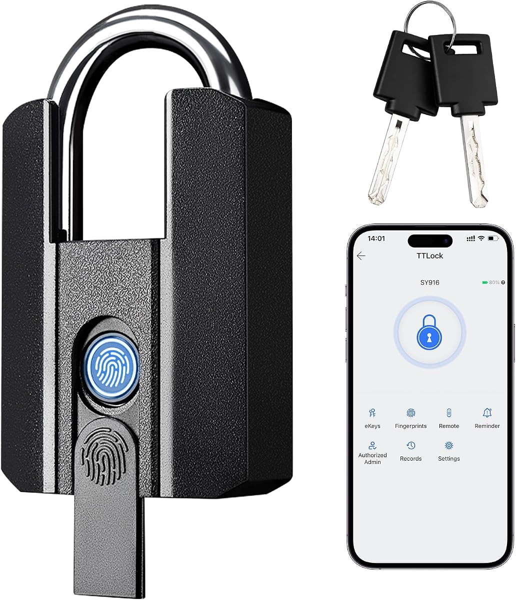 Lokko Outdoor Padlock, Smart Waterproof Heavy Duty Gate Lock, Bluetooth Fingerprint Lock with TT Lock App, 4 Electronic Keys for Landlord, Airbnb, Yard Gate, Storage Shed, Warehouse