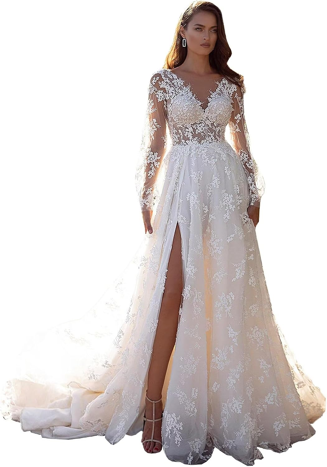 Deep V Neck Wedding Dresses for Women Long with Puffy Sleeves Lace Wedding Gowns DR0001-14