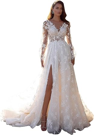 Deep V Neck Wedding Dresses for Women Long with Puffy Sleeves Lace Wedding Gowns DR0001-14