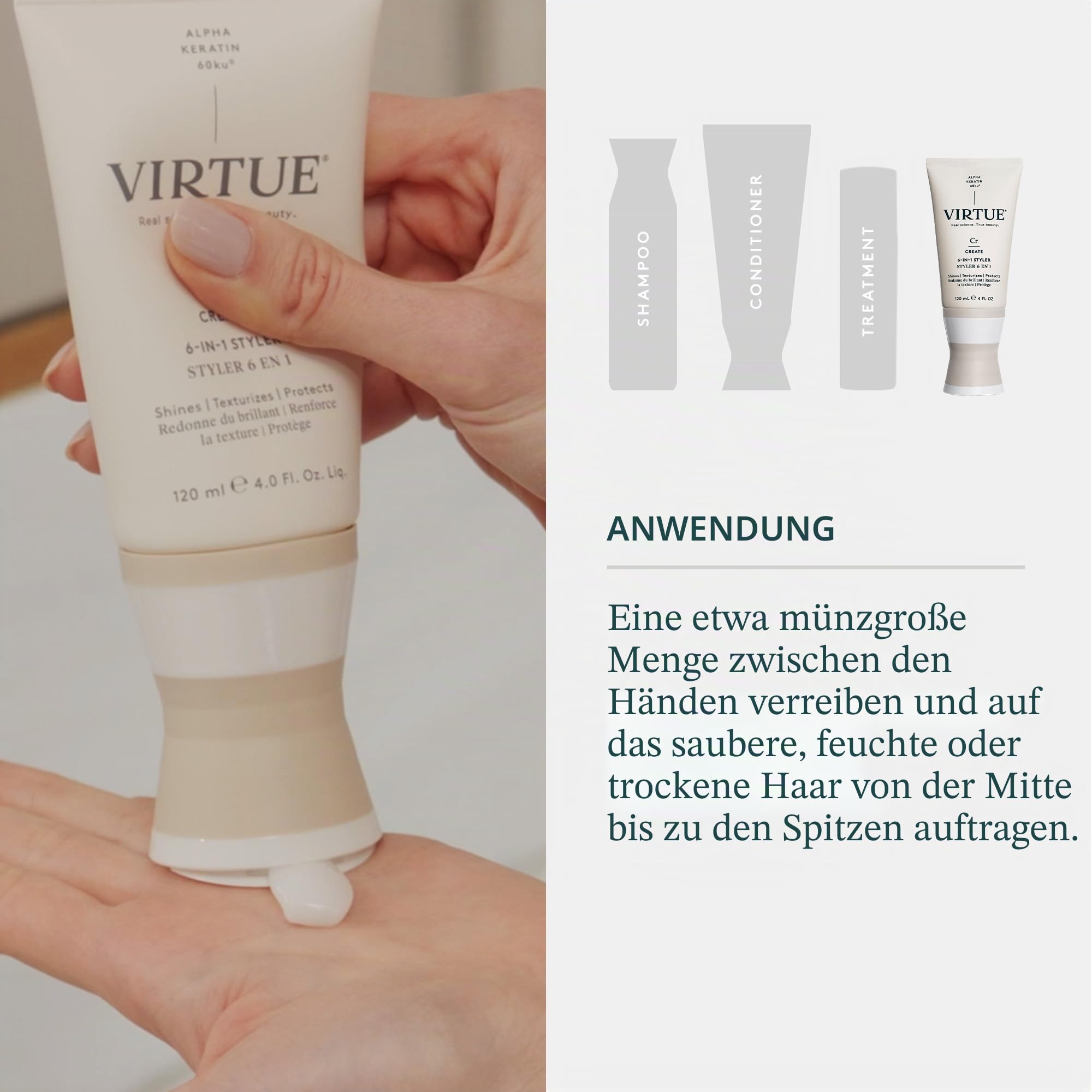 VIRTUE 6-IN-1-Styler-Creme 2 FL OZ | Reisegröße | Alpha-Keratin glänzt, texturiert, repariert, stärkt, spendet dem Haar Feuchtigkeit | Sulfatfrei, Parabenfrei, farbecht, vegan