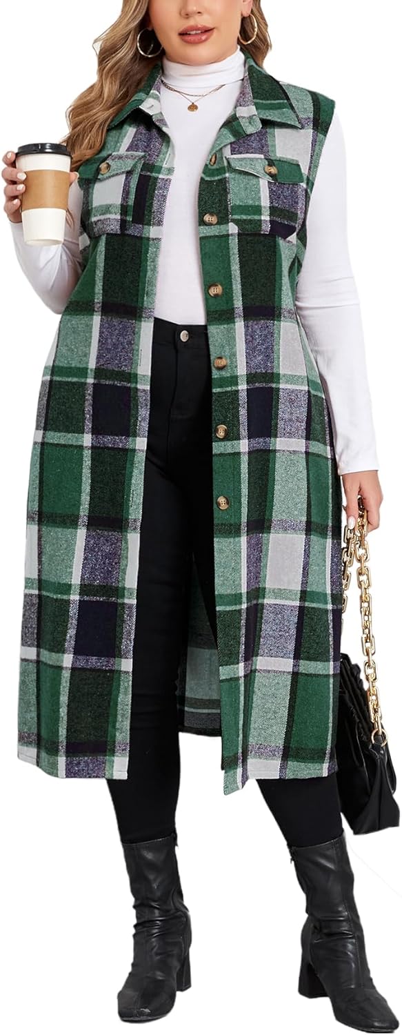 ZOMVA Plus Size 1X-5X Flannel Plaid Long Midi Vest with Pockets Button Down Sleeveless Shacket Coats Fall Outfits Jackets