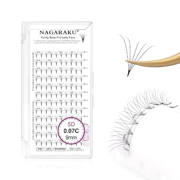 NAGARAKU 5D Volume Premade Fans Eyelash Extensions 0.07C 9mm 120 Fans | Compact Portable Box, Sharp Narrow Stem & Thin Pointy Base, Fluffy Russian Style, Matte Black, Easy Apply Saves Time