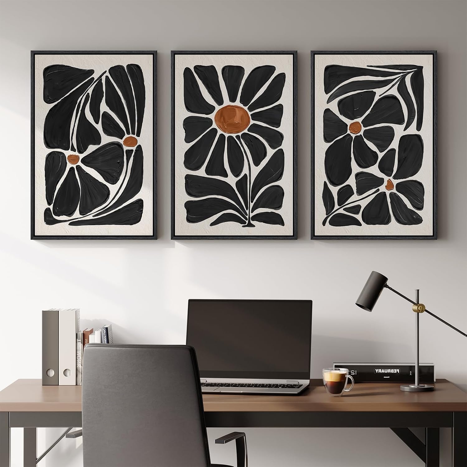 Large Framed Boho Floral Wall Art for Living Room, 3 Piece Mid-Century Modern Abstract Botanical Canvas Painting Prints Artwork for Walls, Black and White Flowers for Bedroom Hallway Office, 24x36