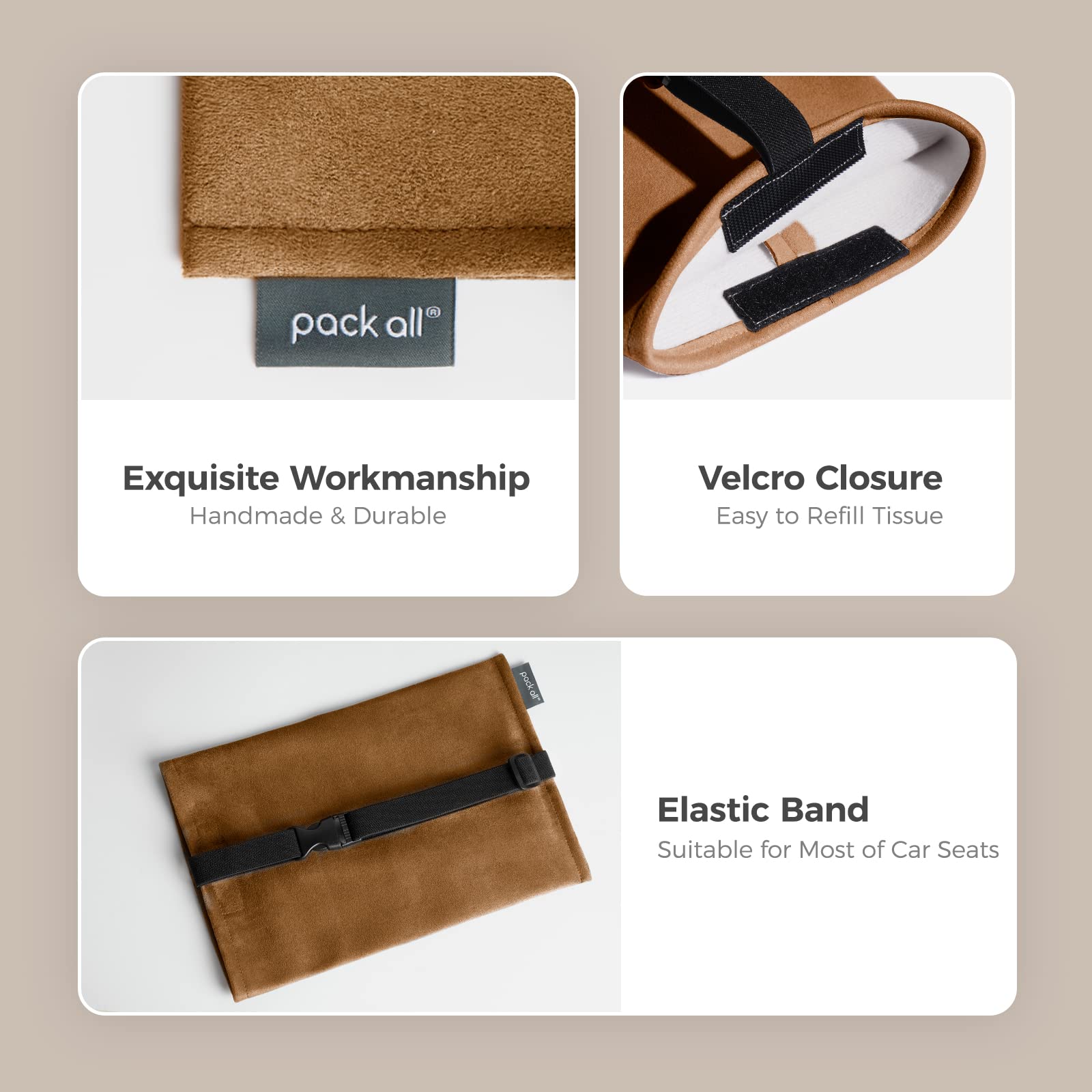 pack all Car Tissue Holder Premium Microsuede Sun Visor Napkin Dispenser Wipes Case for Backseat Vehicle Accessories Mocha — view 5