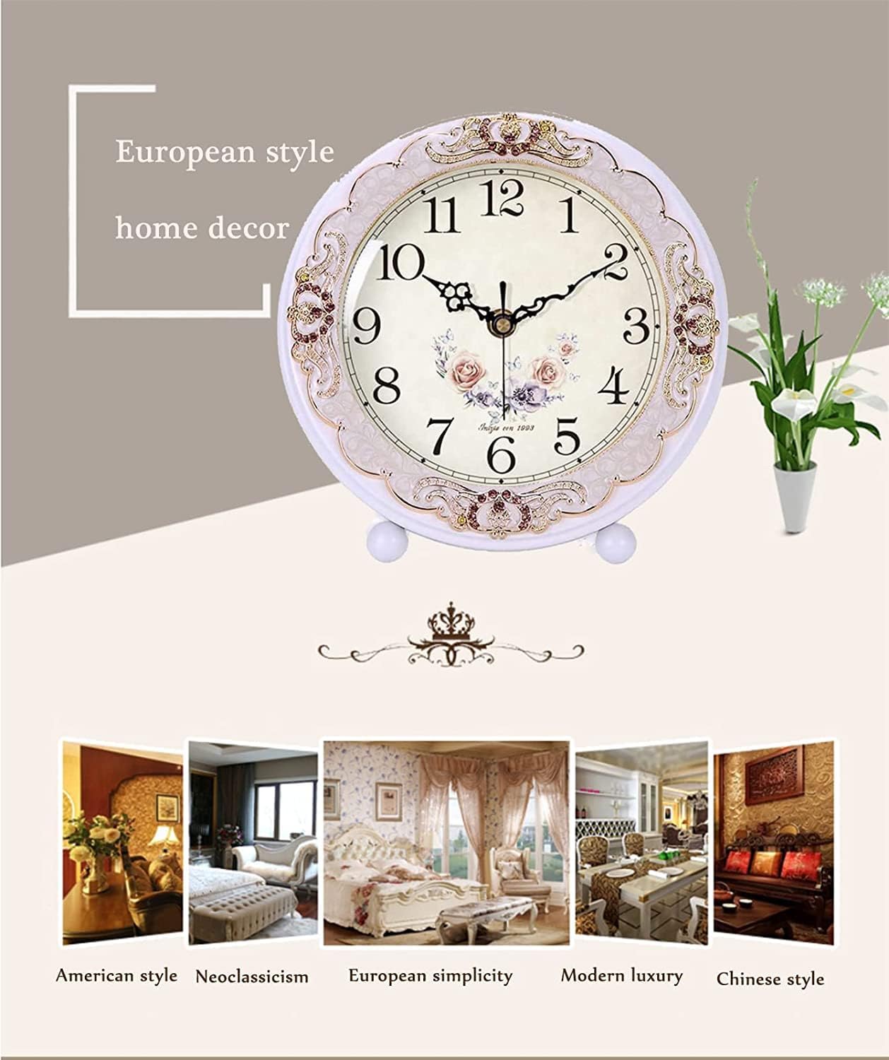Justup Vintage Wooden Table Clock, Retro Non-Ticking European Style Beside Mantle Desk Clock Battery Operated Silent Quartz Movement for Bedroom Living Room Indoor Decor (White-Rose)