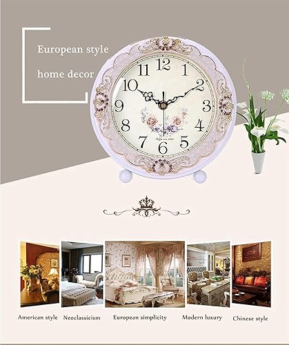 Miniatura 7 de Justup Reloj de mesa vintage de madera, estilo retro europeo sin tictac para repisa o escritorio, funciona con baterías, movimiento silencioso de