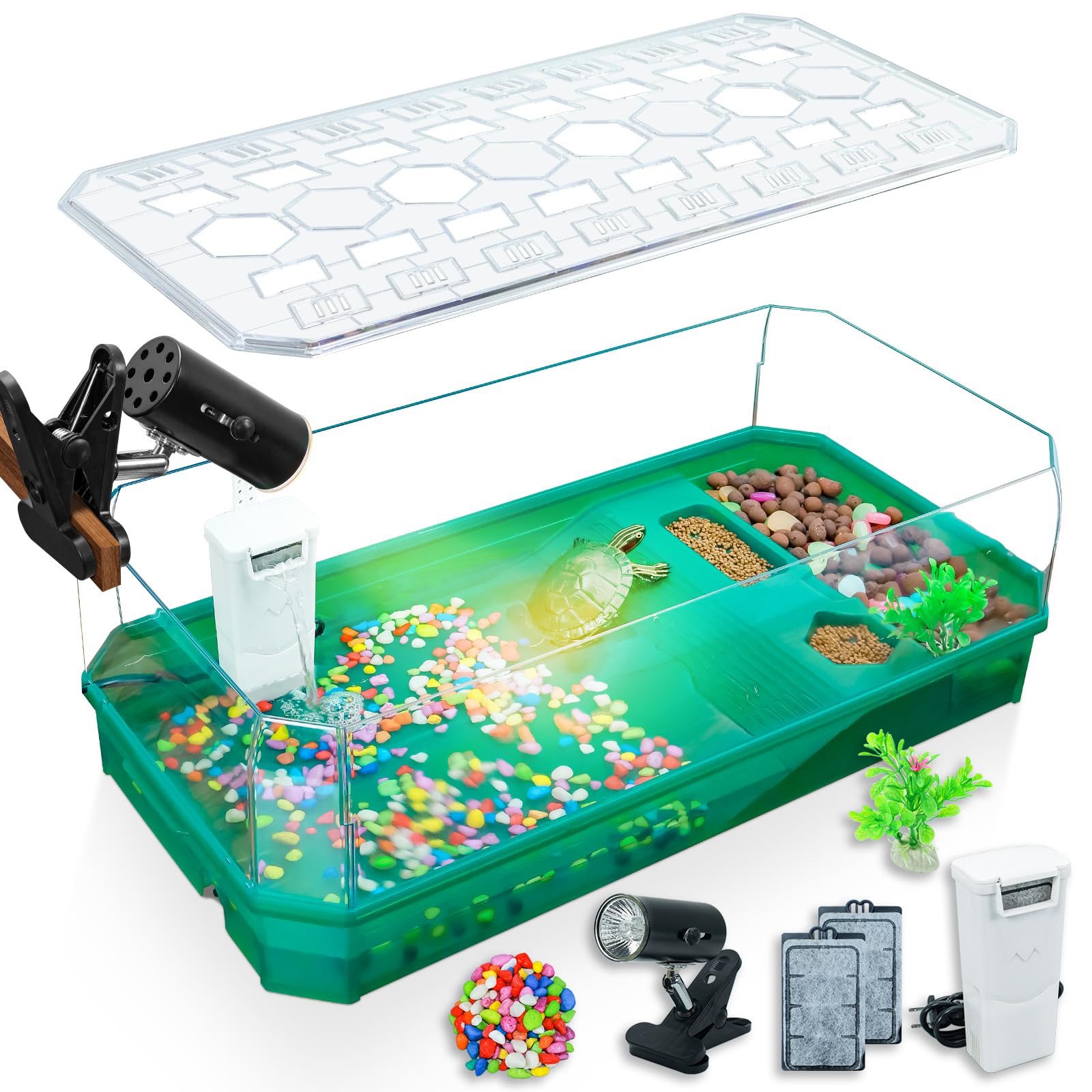 Aquatic Turtle Tank Habitat Kit Stone+Filter+Heat Lamp Enhancing Interaction with 360° Viewing, Standalone Filtration, DIY Creative Zone, Enriched Living (Green, Large[with Light])