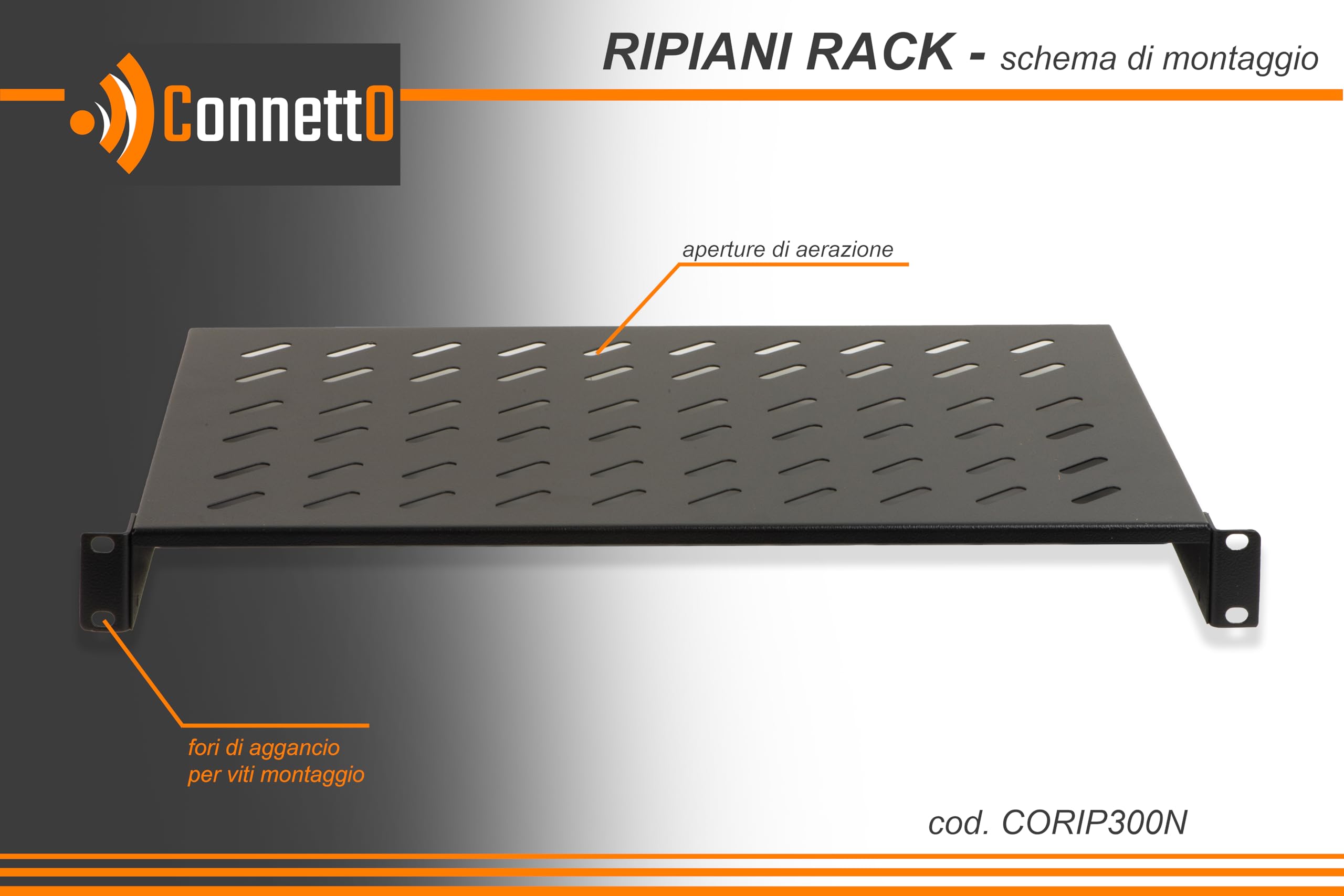 CORIP300N Stahlregal für Rackschrank mit 30 kg Tragfähigkeit und perforierter Oberfläche für Luftzirkulation 48,5 x 30 x 4,5 cm, Farbe Schwarz RAL9005
