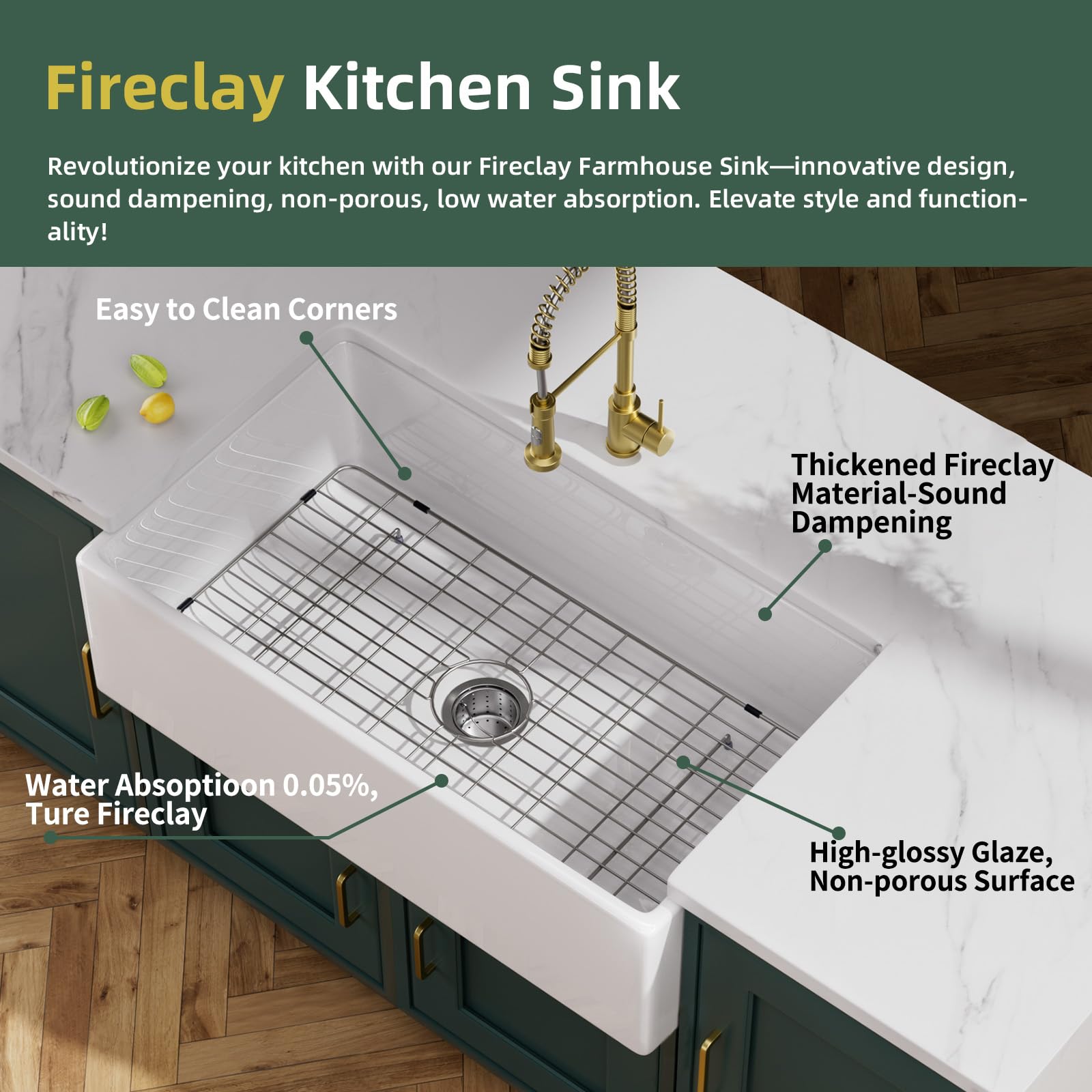 Davivy 33-Inch White Fireclay Farmhouse Sink – Apron Front Single Bowl, Undermount, Includes Bottom Grid & Strainer, 33″x18″x10″