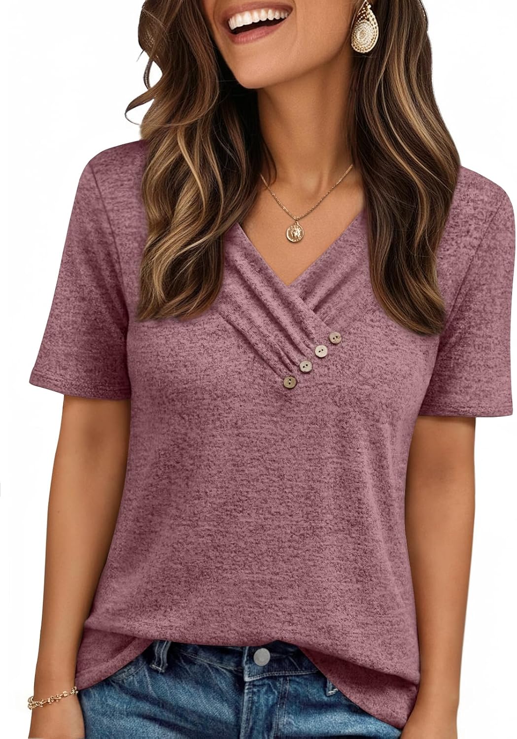 AUTOMET Womens Short Sleeve Tunic Top Spring Summer V Neck Button Shirts 2026 Dressy Casual Business Blouses
