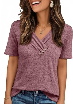 AUTOMET Womens Short Sleeve Tunics Summer Tops V Neck Button Shirts 2026 | Summer Outfits,Business Casual Tops,Dressy Blouses,Ladies Work Tops,Soft Fabric