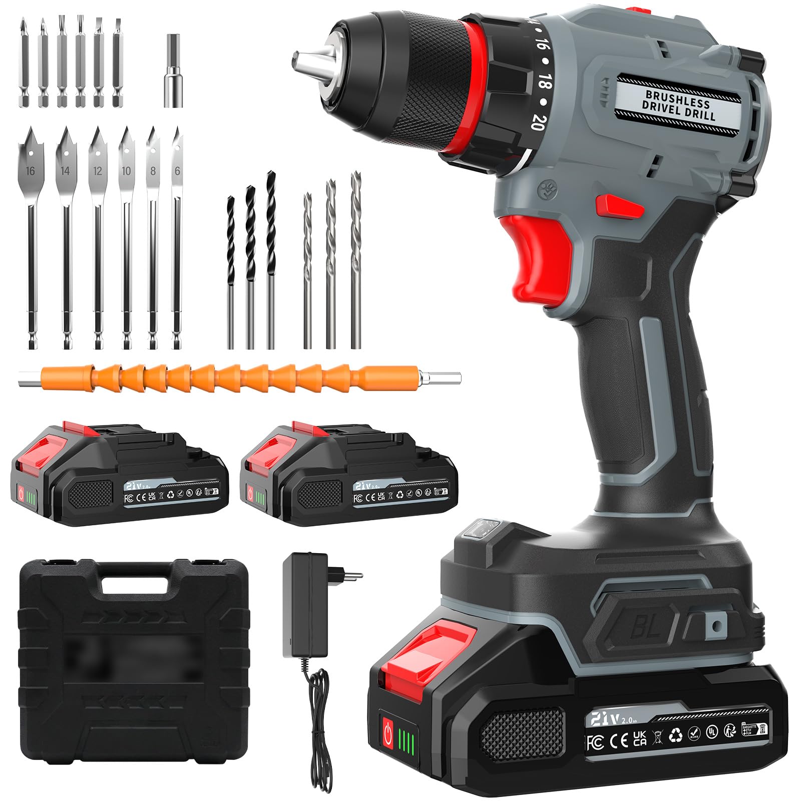 Brushless Trapano Avvitatore Batteria, 21V Trapano a Percussione, 55Nm Max con 2 Batterie 2.0Ah, 20+1Coppia,2 Velocità,LED Luce, Elettrico Avvitatore Ideale per forare e avvitare