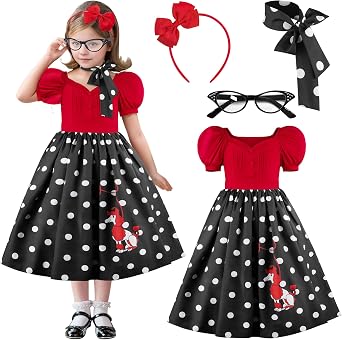 1950s Polka Dot Poodle Skirt for Girls Costume Outfit Cosplay Dress | 1950s Polka Dot Poodle Skirt Costume Set with Scarf Headband and Glasses, Suitable for Party Halloween Activities