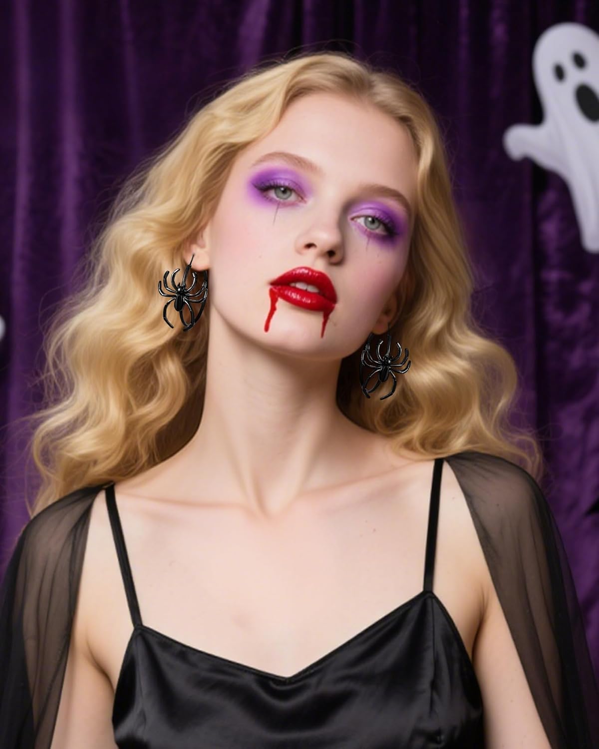 2 Pairs Spider Earrings for Women Spooky Black Silver Spider Hoop Earrings Halloween Gothic Style Jewelry Accessories for Party Costume - Image 4