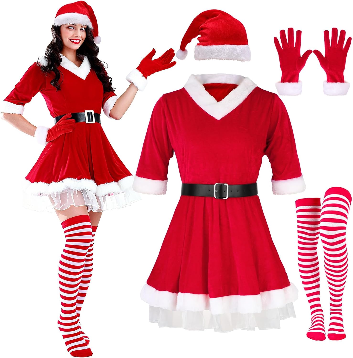 JATEBI 5 Pcs Mrs Claus Christmas Costume Set for Women, Santa Claus Costume Include Red Velvet Dress with Hat Gloves Belt Striped Stockings for Christmas Party