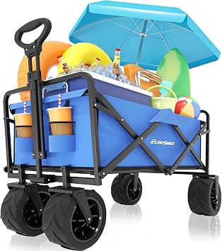 EchoSmile Heavy Duty 350 Lbs Capacity Collapsible Wagon, Outdoor Folding Camping Grocery Portable Utility Cart, Adjustable Rolling Carts, All Terrain Sports Wagon with Big Wheels Blue