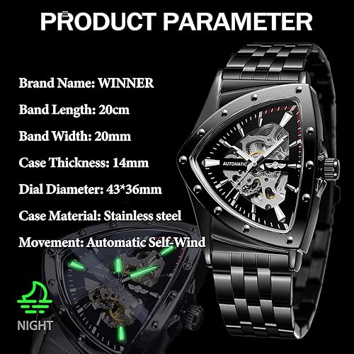 Miniatura 7 de FORSINING Triangle Skeleton Reloj mecánico automático para hombre, de lujo, dorado, negro, acero inoxidable, impermeable, luminoso, reloj de pulsera
