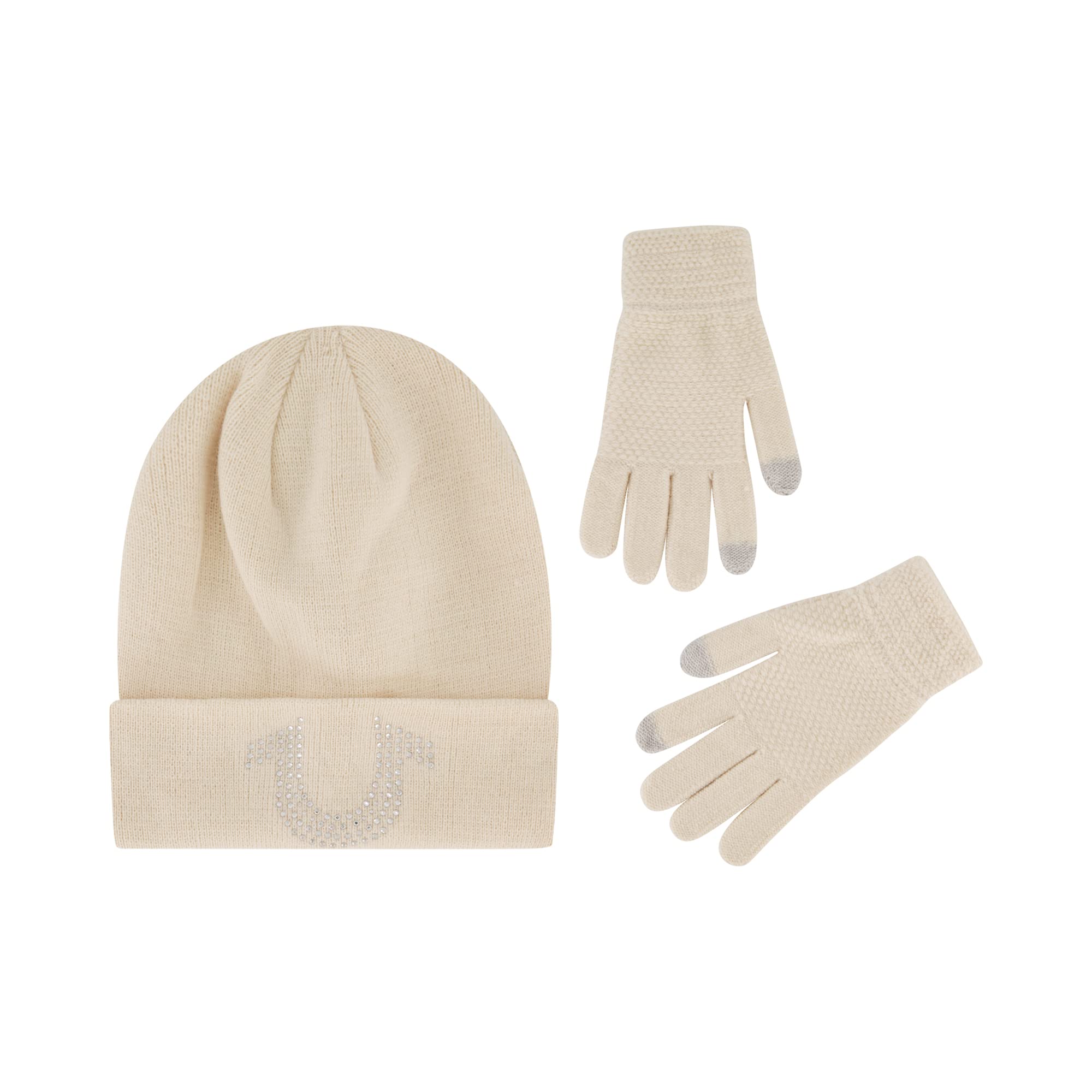 True Religion Beanie Hat and Touchscreen Glove Set, Cuffed Winter Knit Cap with Rhinestone Logo and Touch Screen Mittens, Off White, One Size