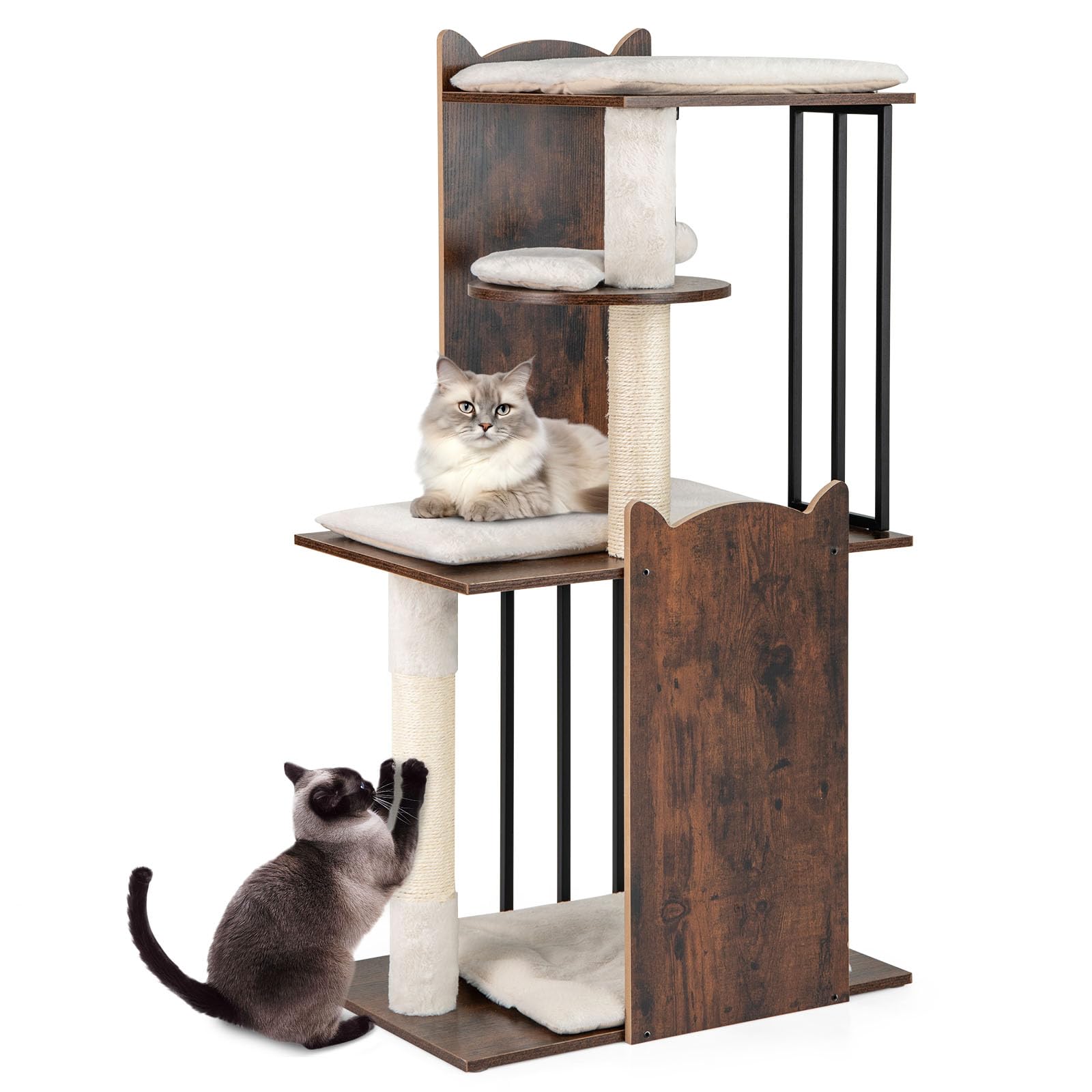 GYMAX Árbol Rascador para Gatos de Madera 112 cm, Torre para Mascotas de 4 Niveles con 4 Plataformas Diferentes, Rascador de Sisal y 2 Bolas Colgantes, Centro de Actividades con Cojines Extraíbles
