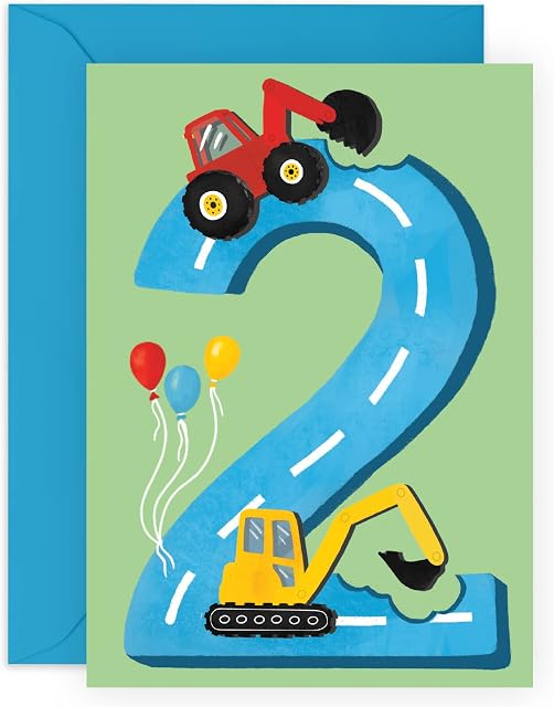 Central 23 Second Birthday Card for Boys - Happy 2nd Birthday - Age 2 - Two Year Old - Tractors Greeting Card - Fun Construction Vehicle Themed Card for Kids - Son, Grandson, Toddler