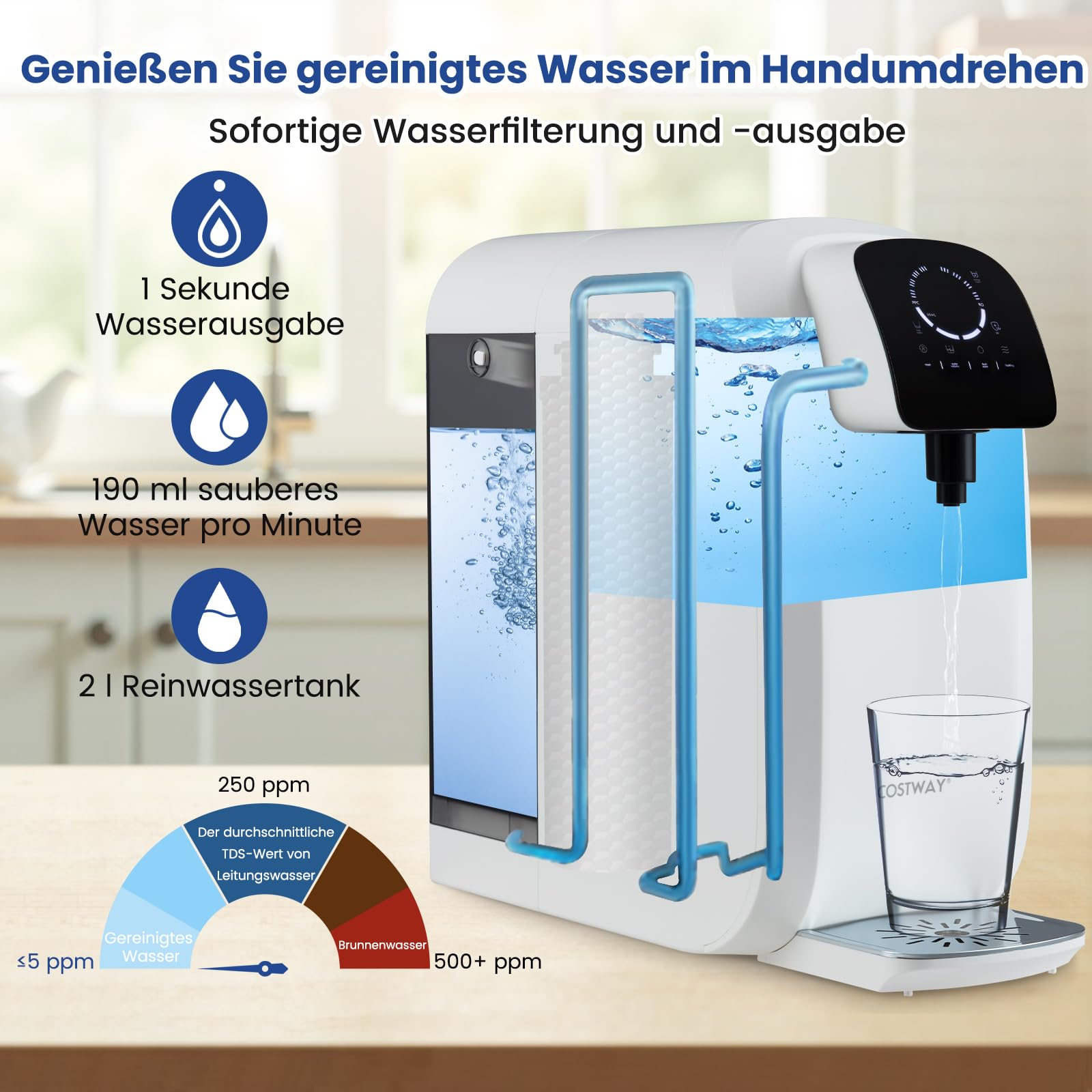 COSTWAY Umkehrosmose Wasserfilter, RO+PPC Wasserfiltrationssystem mit UV-Licht, Umkehrosmoseanlage Trinkwasserfilter für Zuhause, Osmoseanlage 4:1 Rein zum Abfluss (Schwarz)