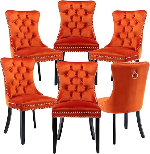 Miniatura 29 de Juego de 4 sillas de cocina modernas de terciopelo gris con anillo trasero, con patas de clavo, patas de madera maciza, tapizadas, sillas de mesa