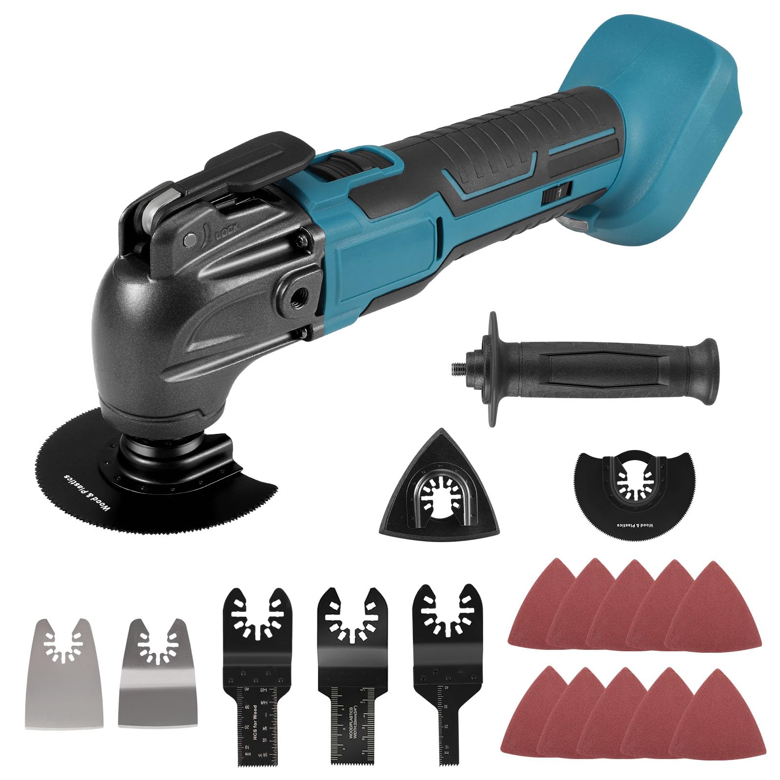 Herramienta oscilante multifuncional, compatible con batería Makita 18 V, 6 velocidades variables, sierra circular, 18 accesorios para tallado, raspado, rectificado