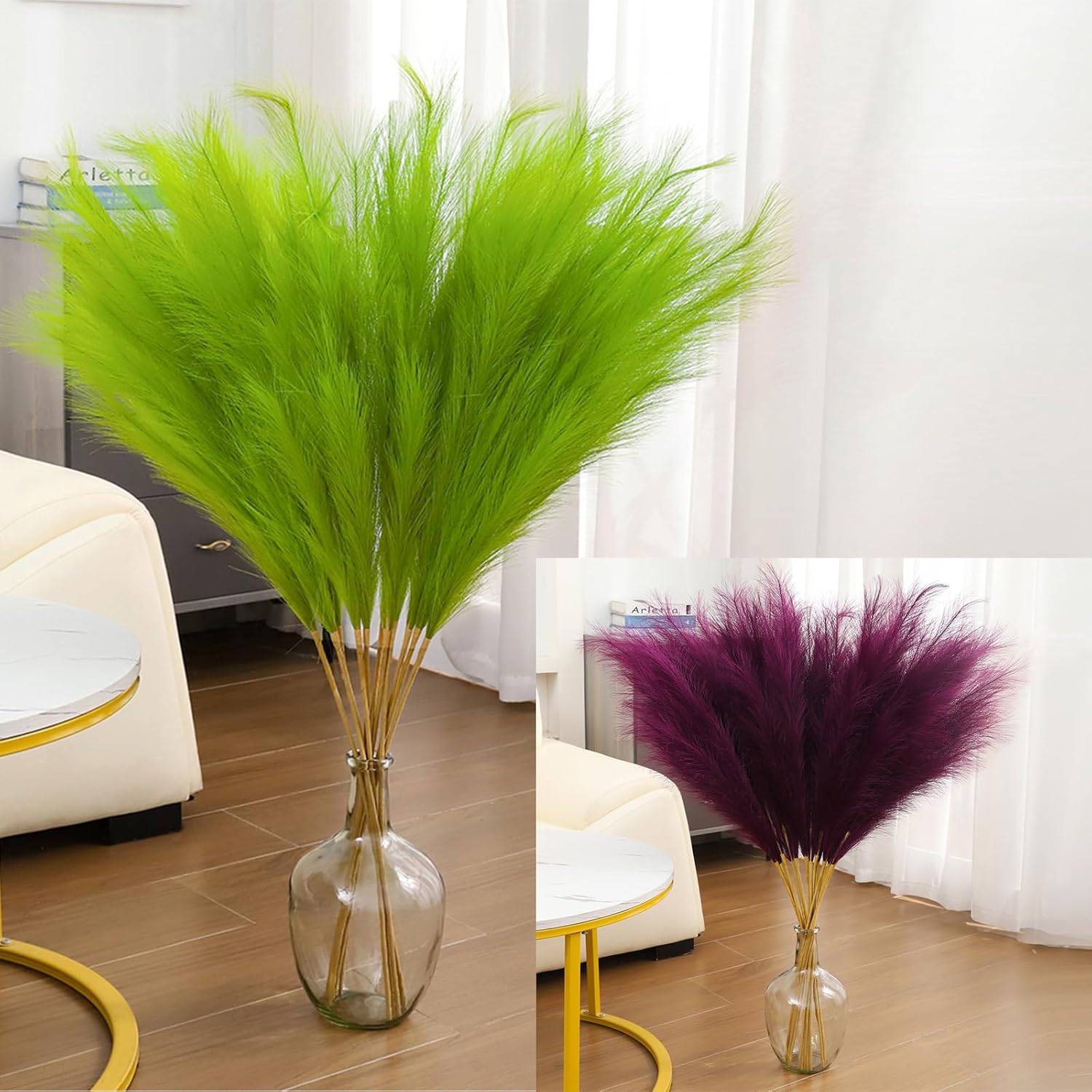 43" Faux Pampas Grass Decor Green & Purple - Artificial Pampas Grass Small Pampas Grass Fluffy Pompas Floral Arrangement