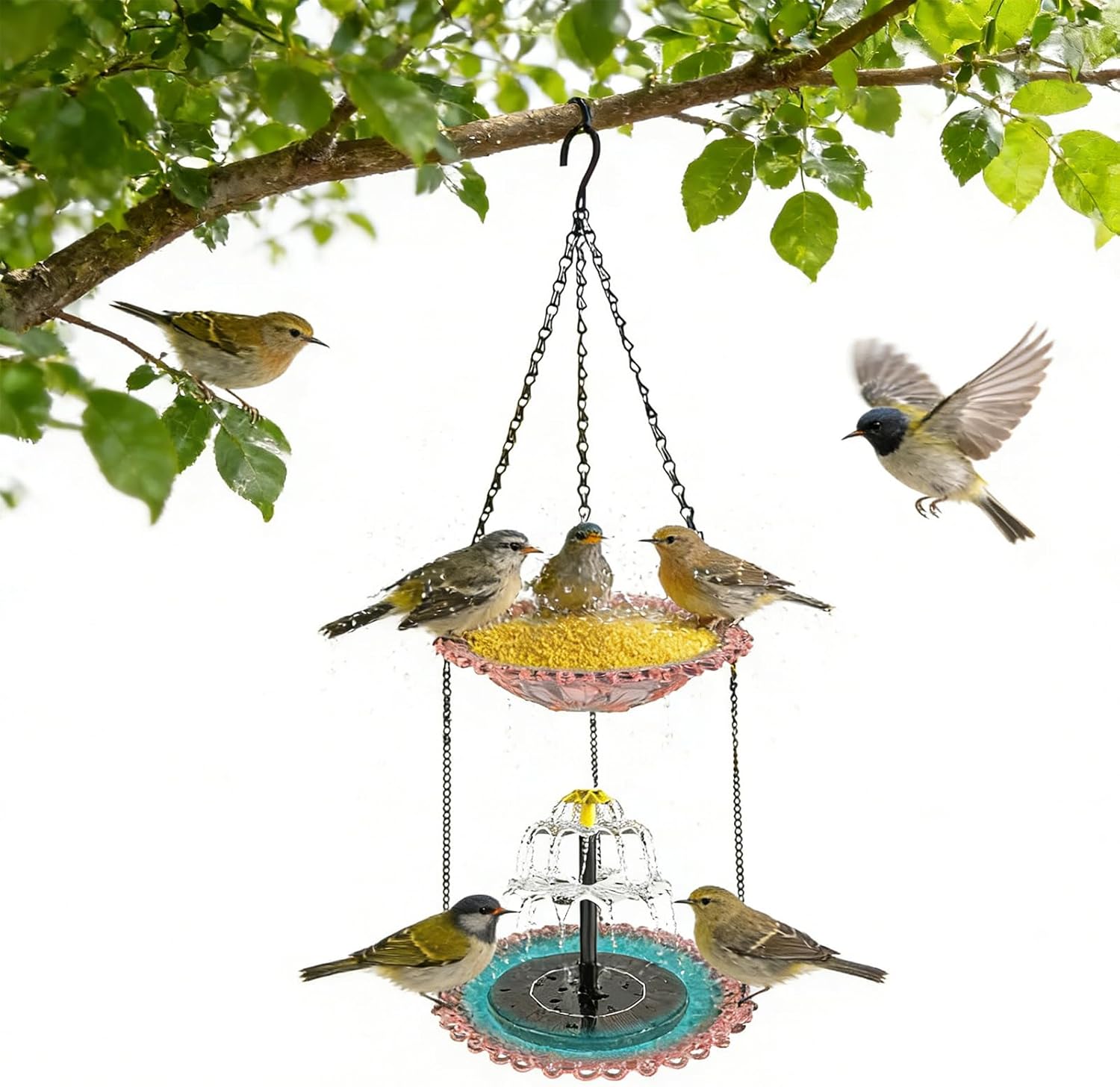 Hanging Bird Bath Fountain 2 Layers, Water Bowl with Solar Powered Pump, Birdbath Attracts Hummingbirds & Garden Birds for Outdoors Garden Patio Backyard Lawn Decor
