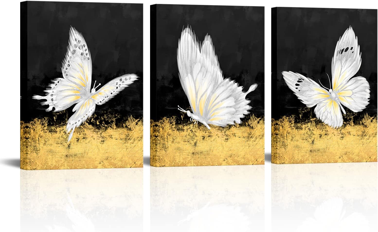 NutArtPic Butterfly Canvas Black Gold Wall Art Painting Abstract White Butterflies Picture Prints Still Life Artwork for Home Bedroom Living Room Bathroom Office Decor 12''x16''x3 Panels