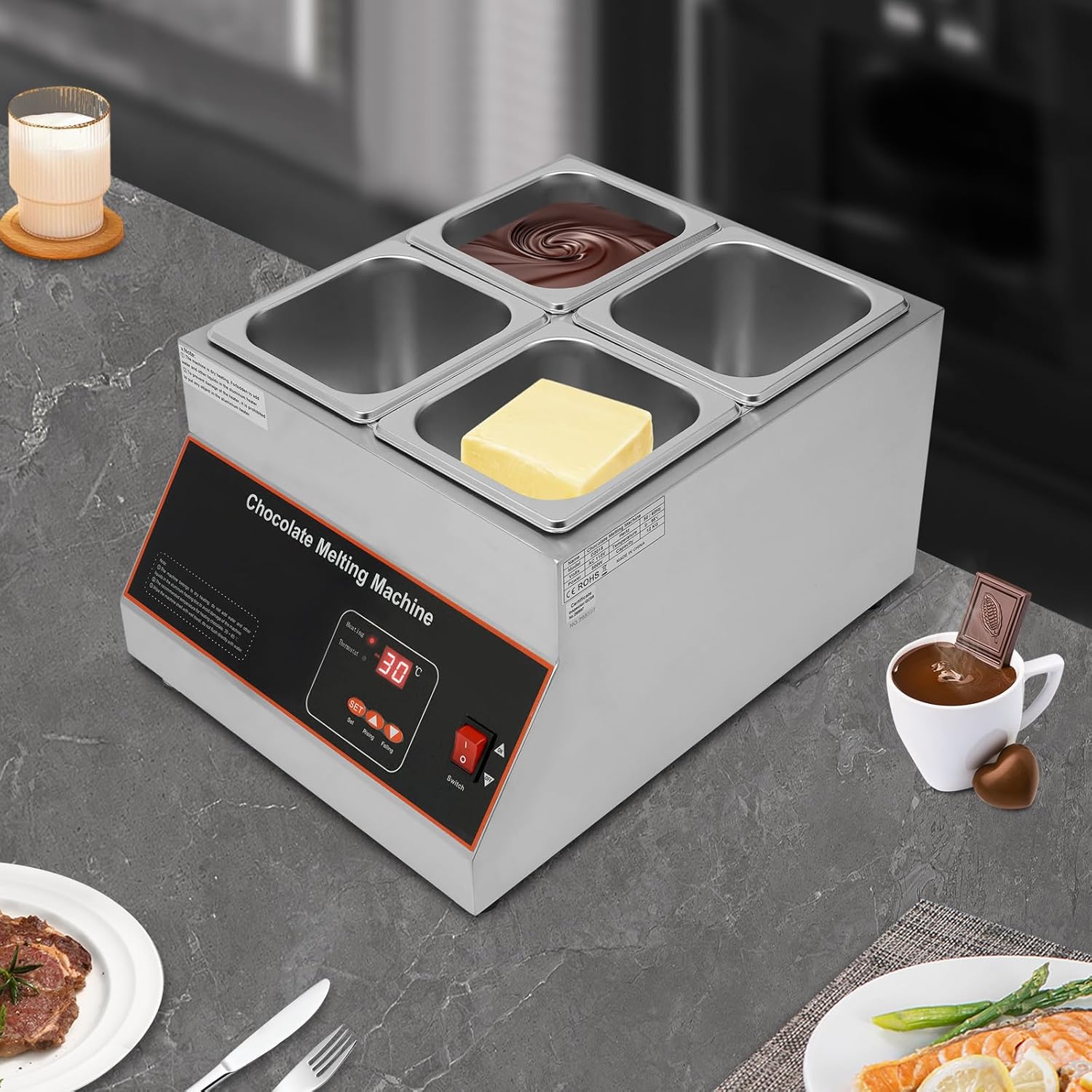 Chocolate Melting Pot, 110V 500W 4 Tanks Commercial Chocolate Tempering Machine Chocolate Melting Machine Stainless Steel Electric Chocolate Melter w/Digital Temp Control for Hotel Restaurant Bakery