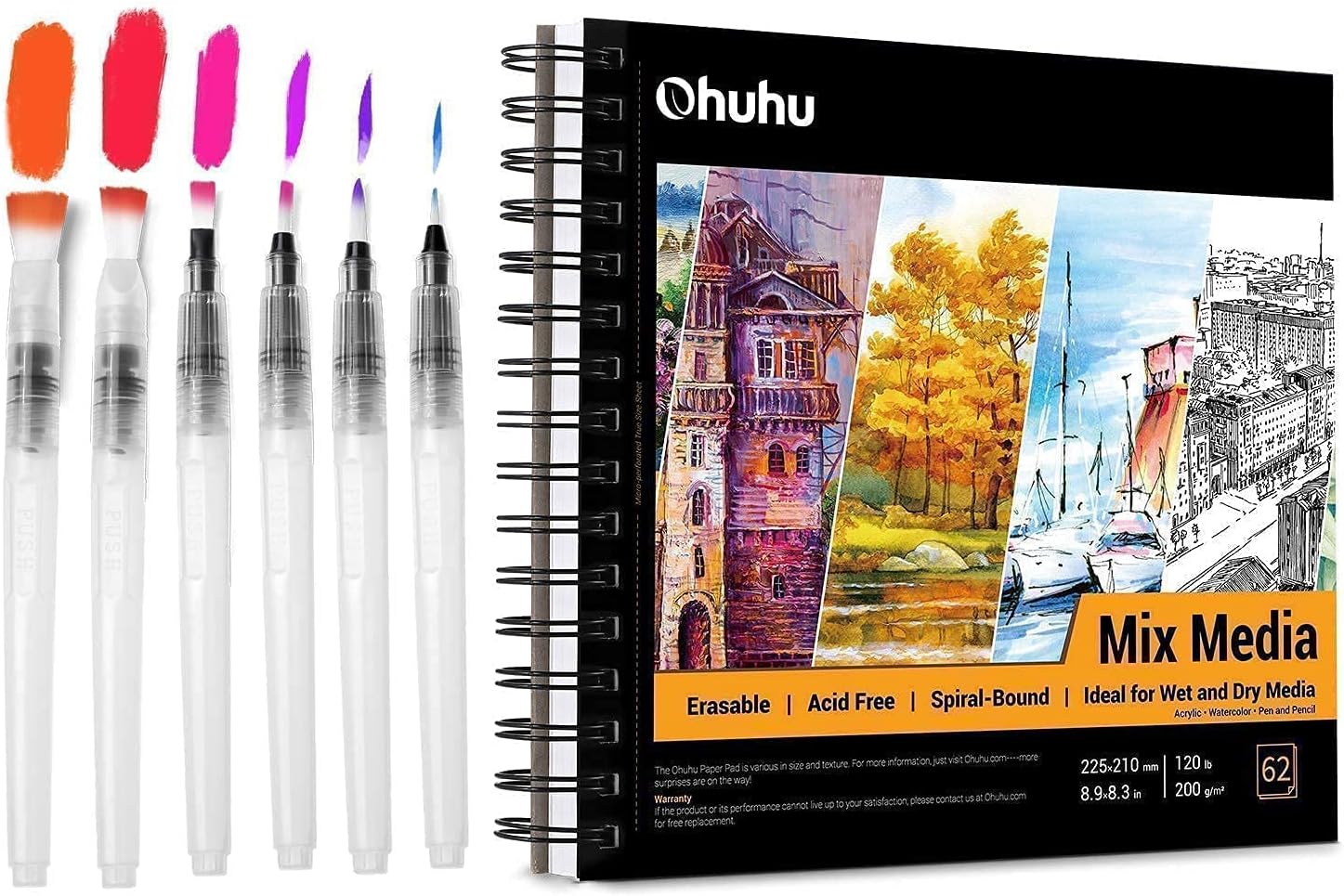 Water Coloring Brush Pens, Ohuhu Set of 6 Aqua Painting