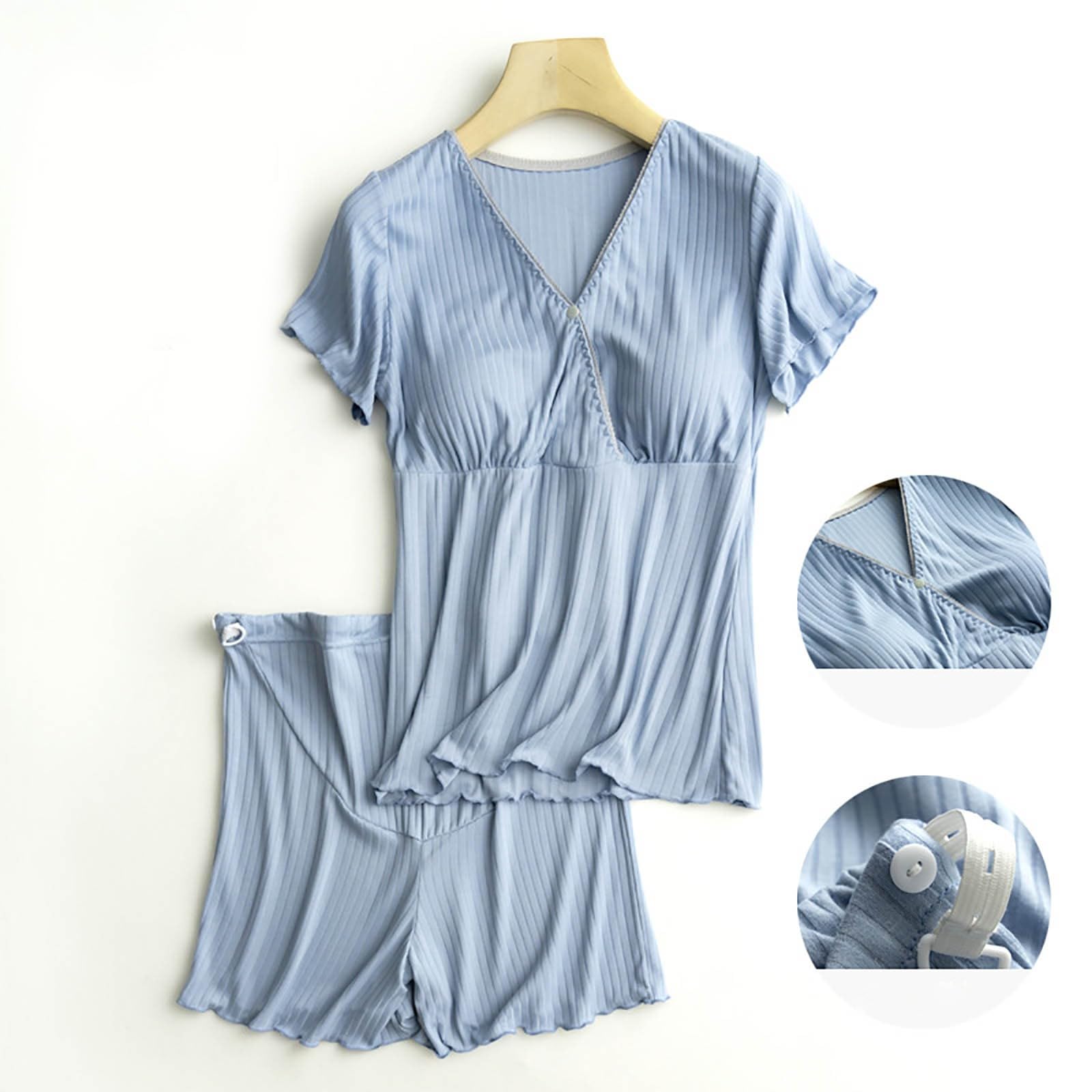 Ensemble pyjama de grossesse à manches courtes pour femme - Respirant - Vêtement de maison - Haut côtelé - Vêtement de grossesse - Taille haute - Pyjama d'allaitement - Short en tissu