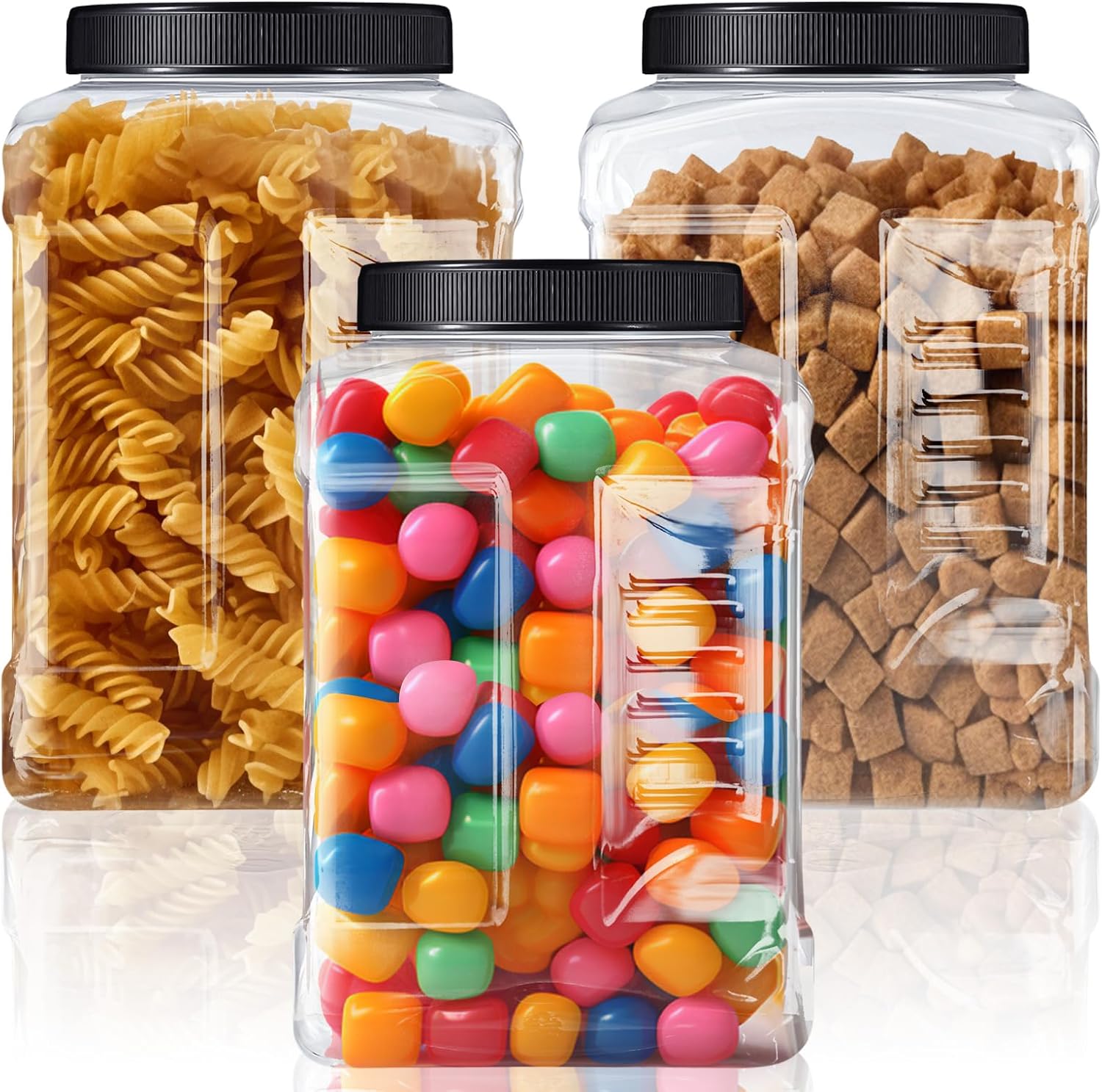 Ziliny 3 Pcs 1 Gallon Clear Plastic Jar with Lid Wide Mouth, Black Lid
