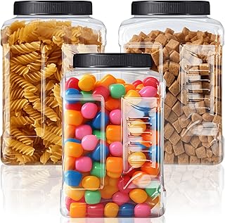 3 Pcs 1 Gallon Clear Plastic Jar with Lid Wide Mouth Square Screw Top Food Storage Containers, PET Plastic Empty Grip Jar Canisters for Candy Cookies Kitchen Food Safe(Black Lid)