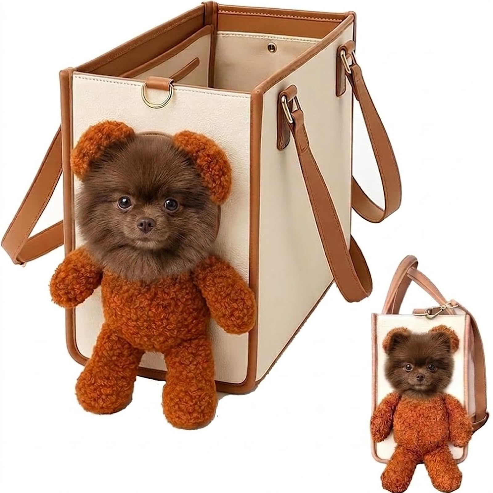 Teddy Bear Dog Carrier Bag, 2 in 1 Shoulder Purse for Small Pets (Brown,Small)