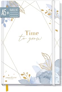 paper&you® Notizbuch A5+ kariert mit Gummiband "Time to Grow" 156 Seiten, 78 Blatt, 100 g/m² Premium-Papier, als Journal, Tagebuch, Notizheft - nachhaltig & klimafreundlich