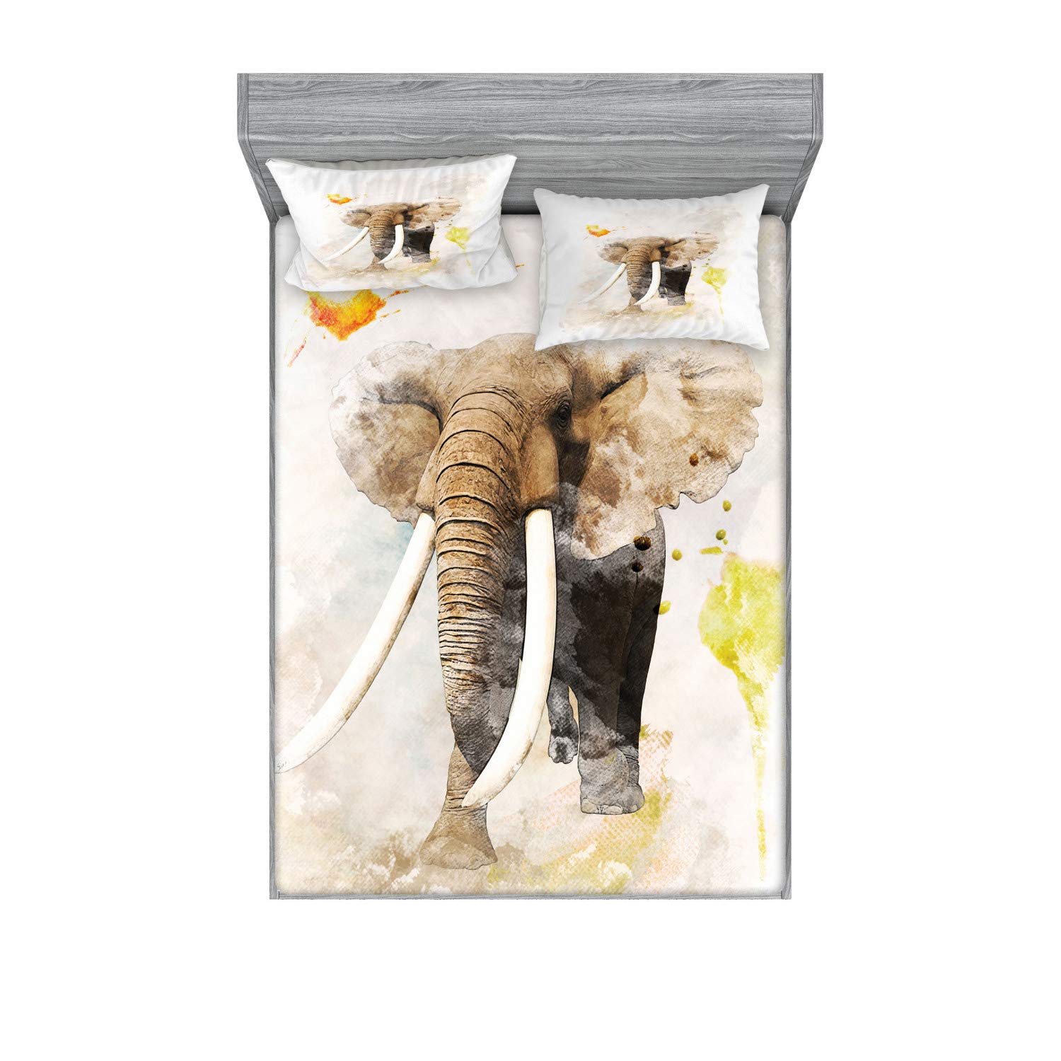 Ambesonne Watercolor Elephant Fitted Sheet & Pillow Sham Set, Majestic Elephant Walking in The Forest with Paintbrush Effects, Decorative Printed 3 Piece Bedding Decor Set, King, Beige Taupe
